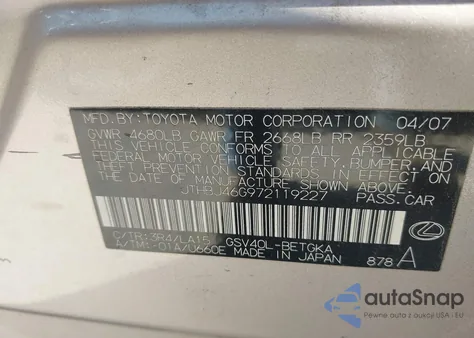 2007 Lexus Es 350 z USA, uszkodzony, nr VIN JTHBJ46G972119227